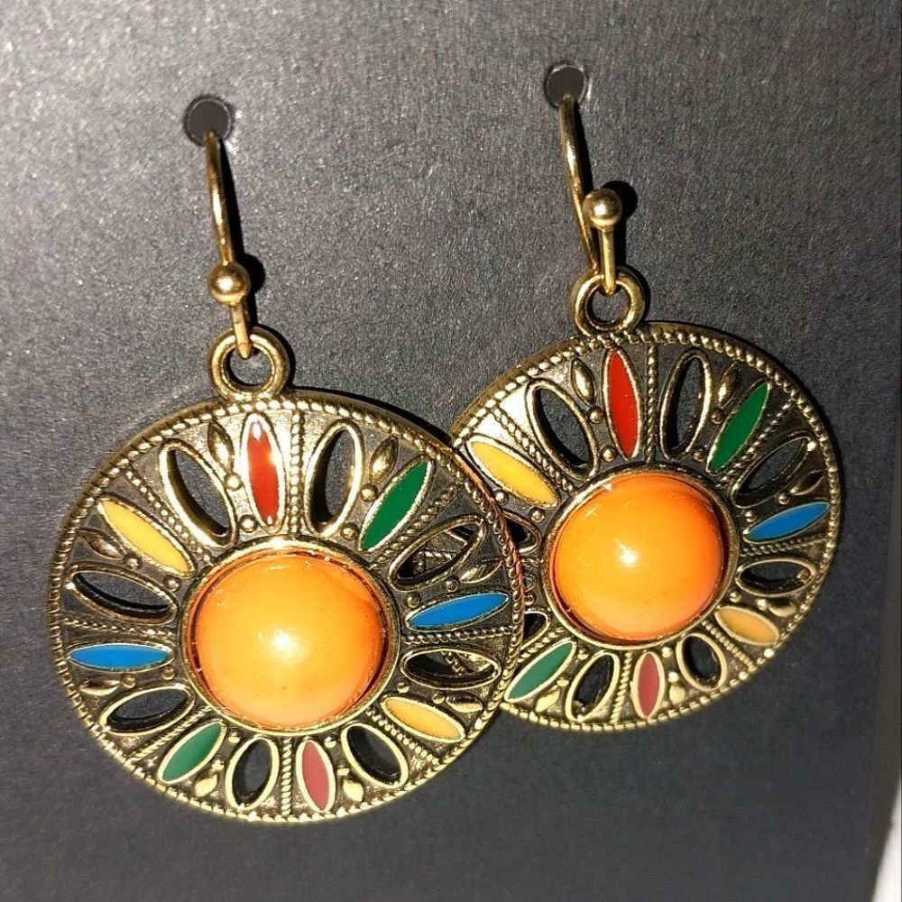 Retro round drop earrings with turquoise and rhinestones
